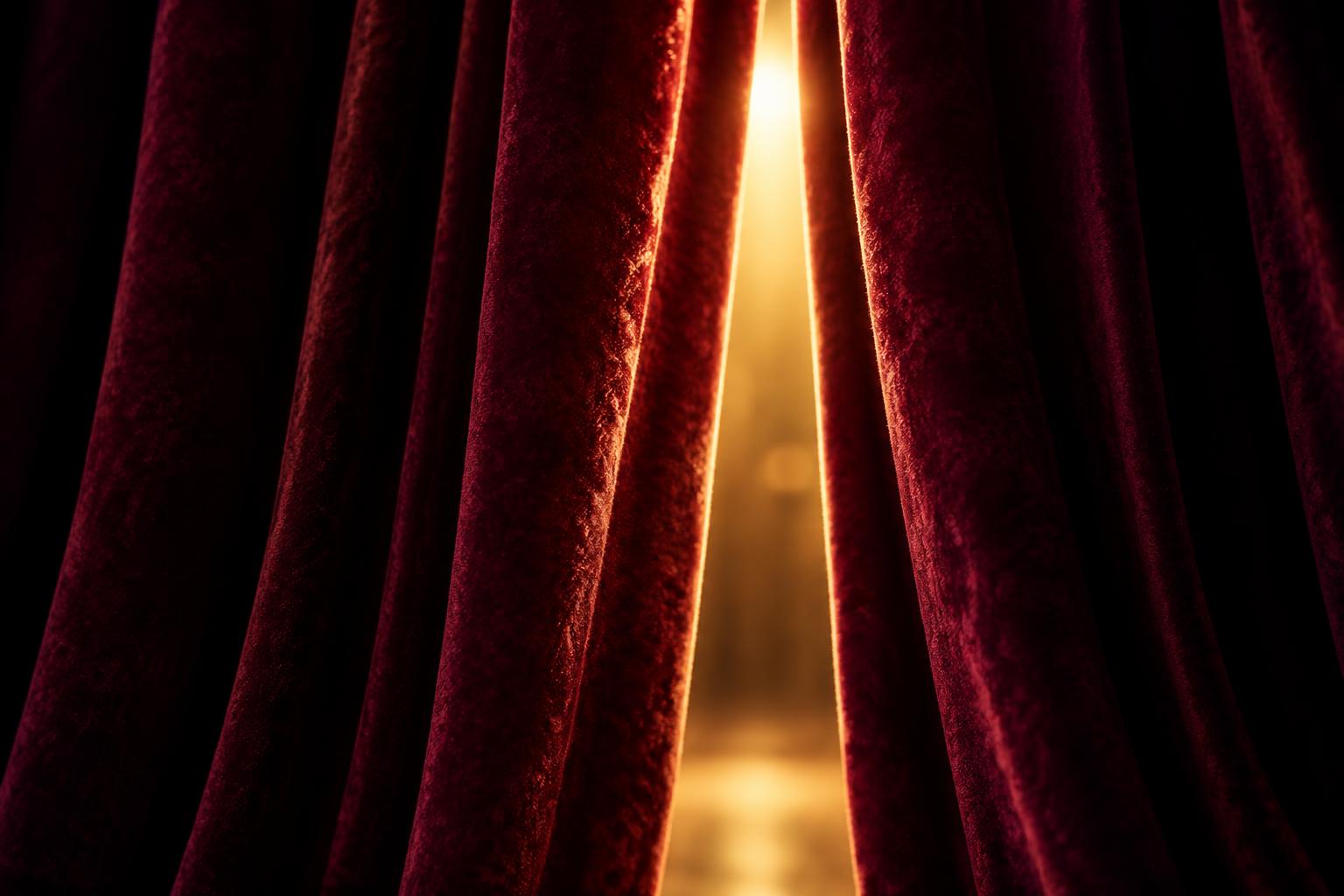 Burgundy velvet theater curtains with golden light between them