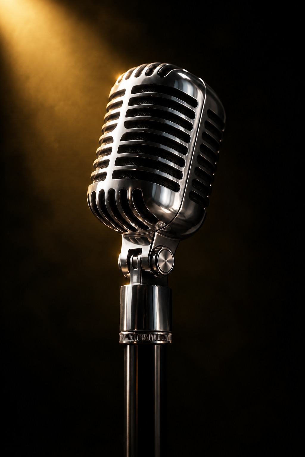 A chrome studio microphone lit by a golden spotlight