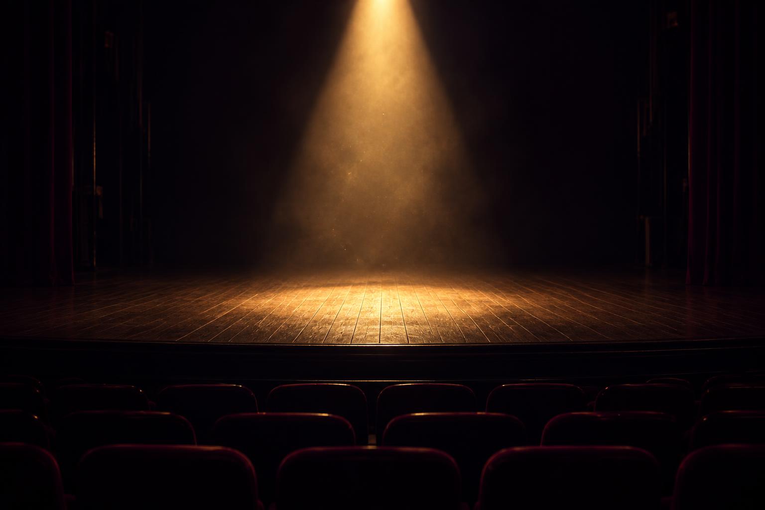 An empty stage under a single golden spotlight